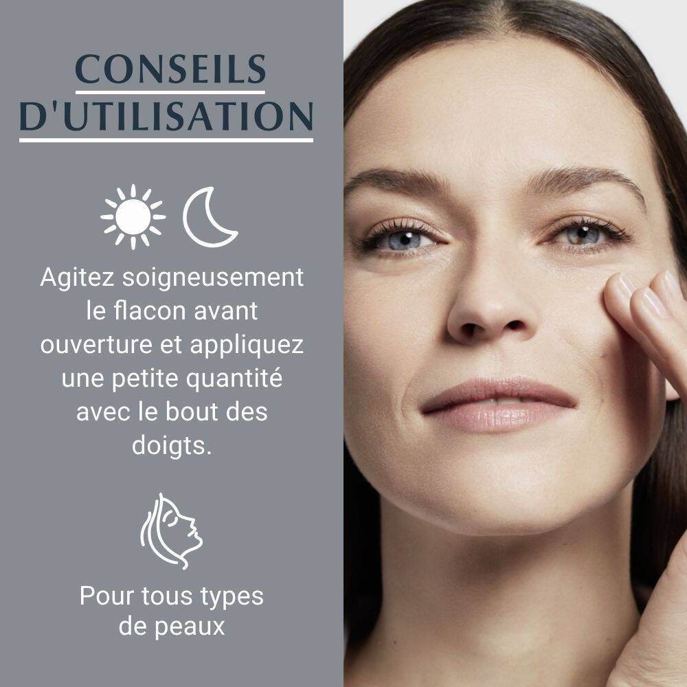 Femme touchant son visage. Texte : Conseils d'utilisation, agiter avant ouverture, appliquer avec les doigts.