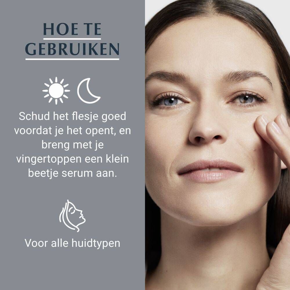 Vrouw raakt haar gezicht aan. Tekst: Hoe te gebruiken, schud het flesje, breng aan met vingertoppen.