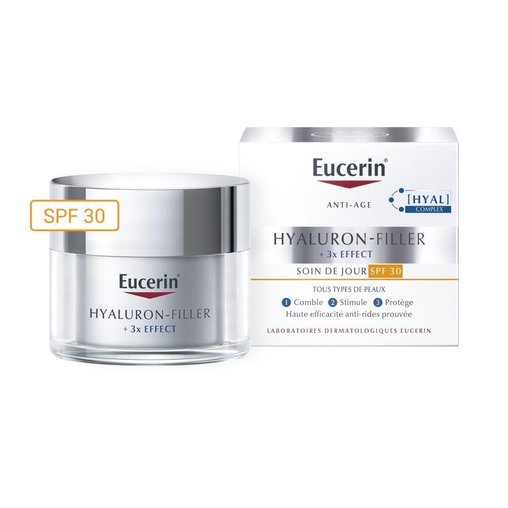 Pot de crème avec couvercle. Inscription : Eucerin HYALURON-FILLER + 3x EFFECT. SPF 30.