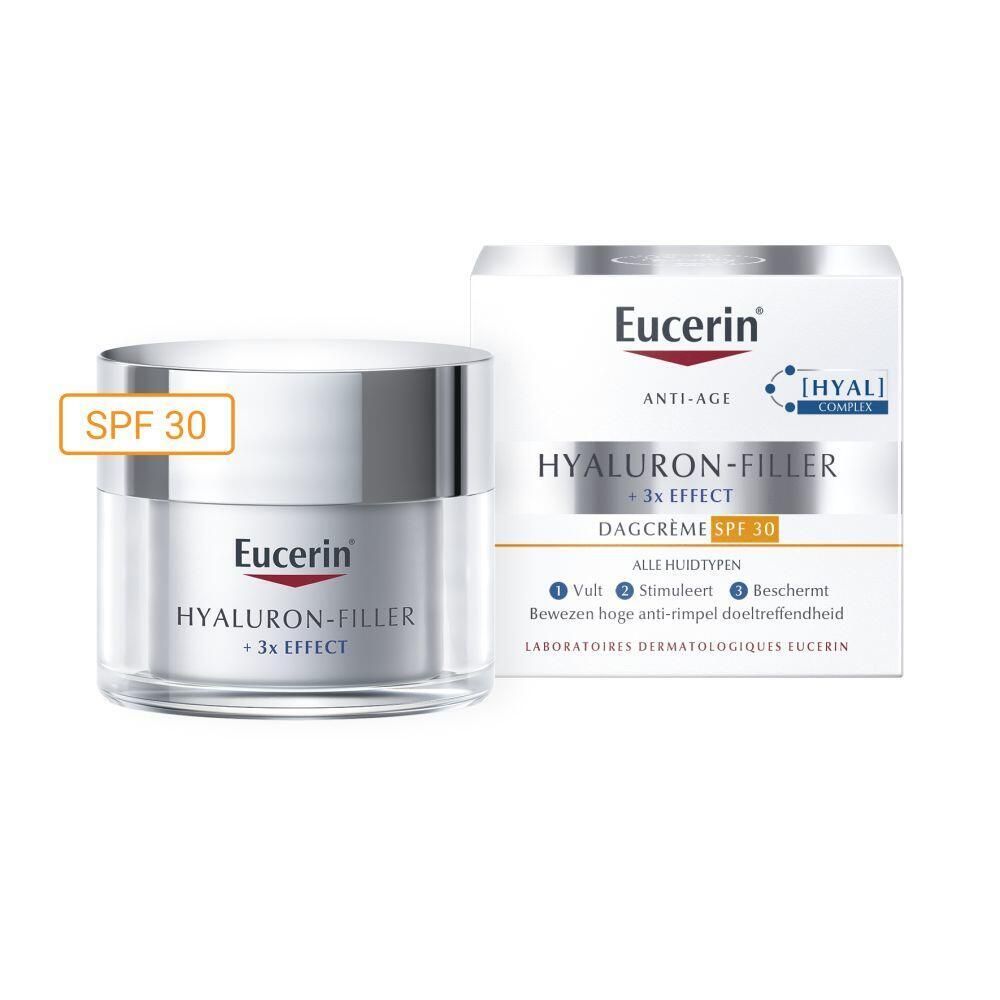 Crèmepot met deksel. Opschrift: Eucerin HYALURON-FILLER + 3x EFFECT. SPF 30.