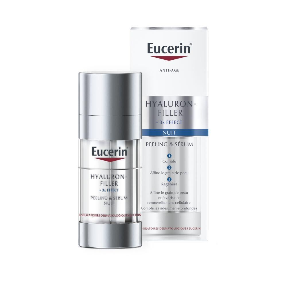 Eucerin HYALURON-FILLER + 3x EFFECT Peeling & Sérum Nuit. Flacon et emballage. Blanc et argent.