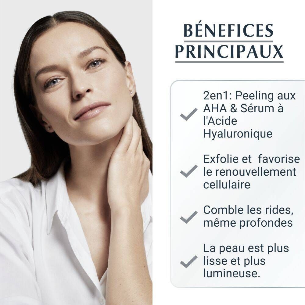 Femme touchant son cou. Texte: Bénéfices principaux. Peeling & Sérum. Peau plus lisse et lumineuse.