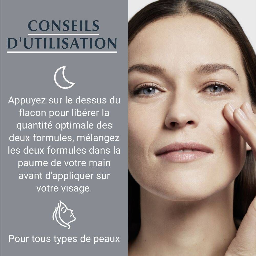Femme touchant son visage. Texte: Conseils d'utilisation. Pour tous types de peaux. Symbole nuit.