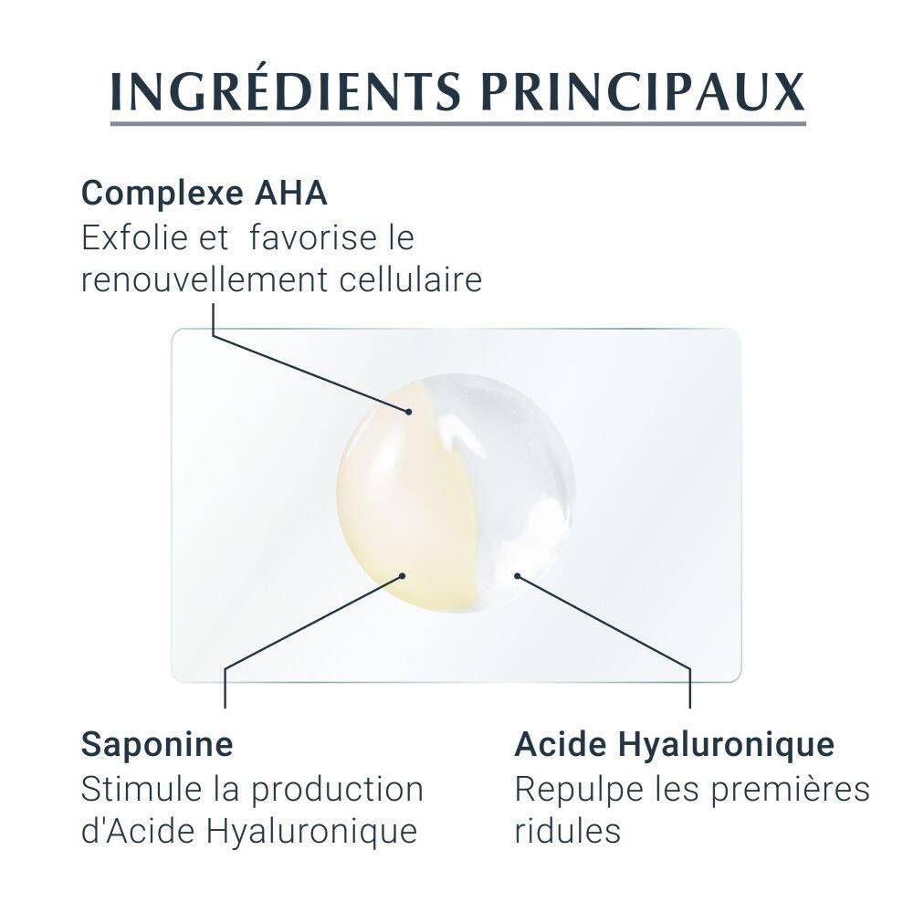 Ingrédients principaux: Complexe AHA, Saponine, Acide Hyaluronique. Liquides jaunes et blancs.
