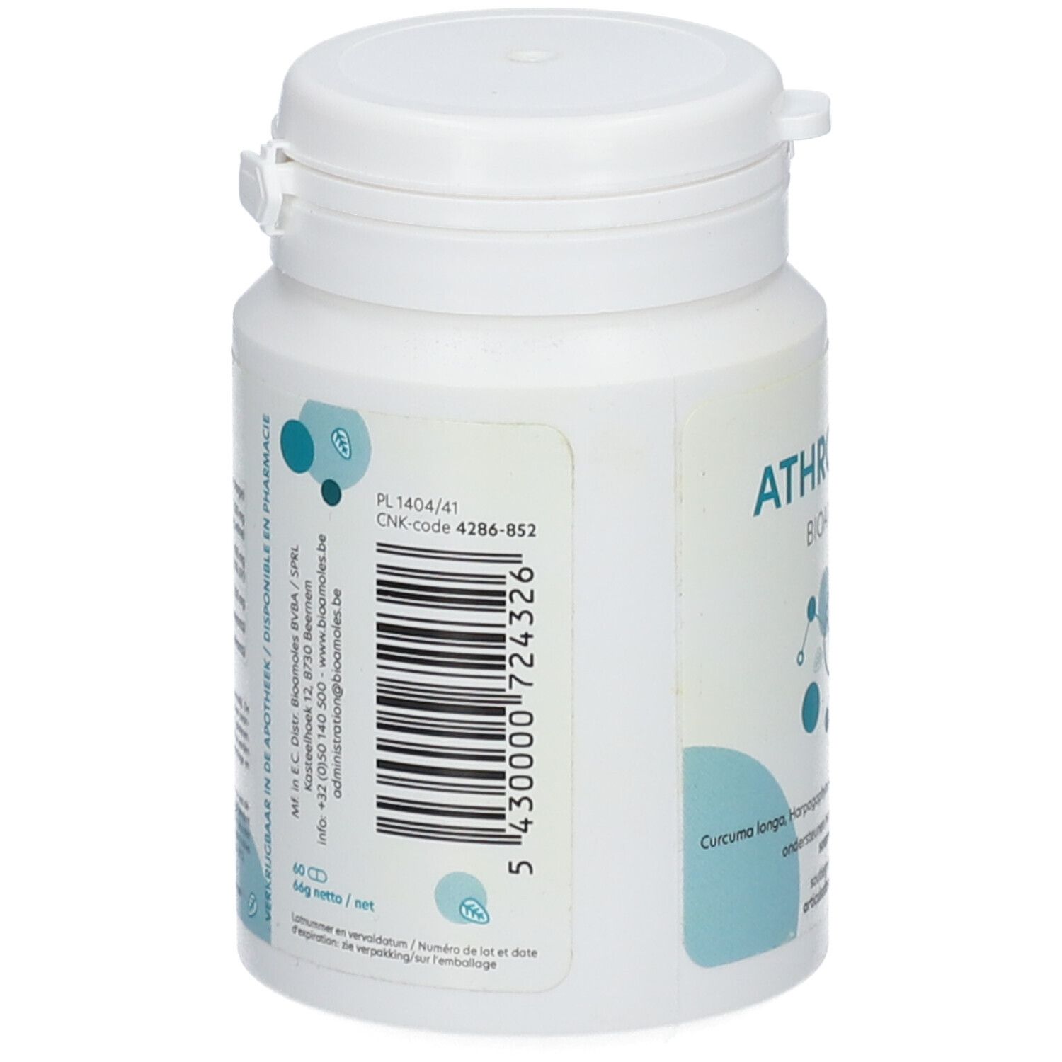 Achterkant van een witte tablettenfles. Sticker met barcode en productinformatie. Tekst: Curcuma longa.