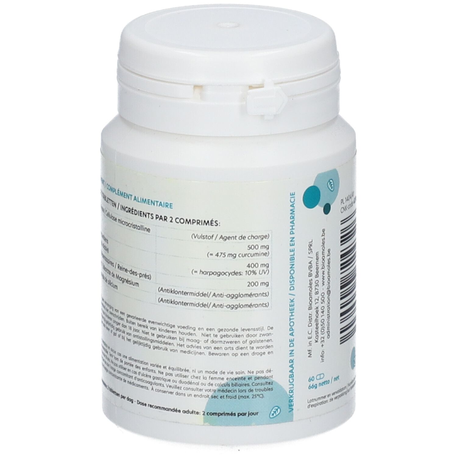 Achterkant van een witte tablettenfles. Lijst van ingrediënten per 2 tabletten. Tekst: Curcuma longa, Harpagophytum.