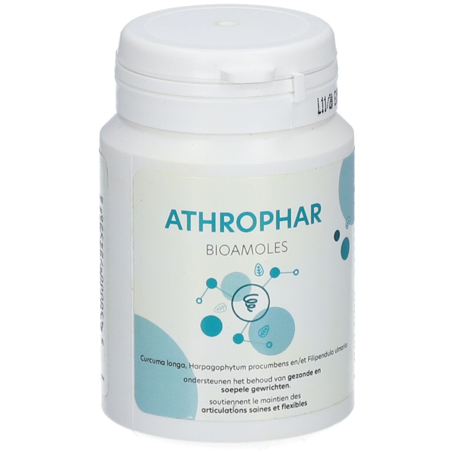 Witte tablettenfles met blauw etiket. Opschrift: Athrophar Bioamoles. Tekst: Curcuma longa, Harpagophytum, Filpendula.