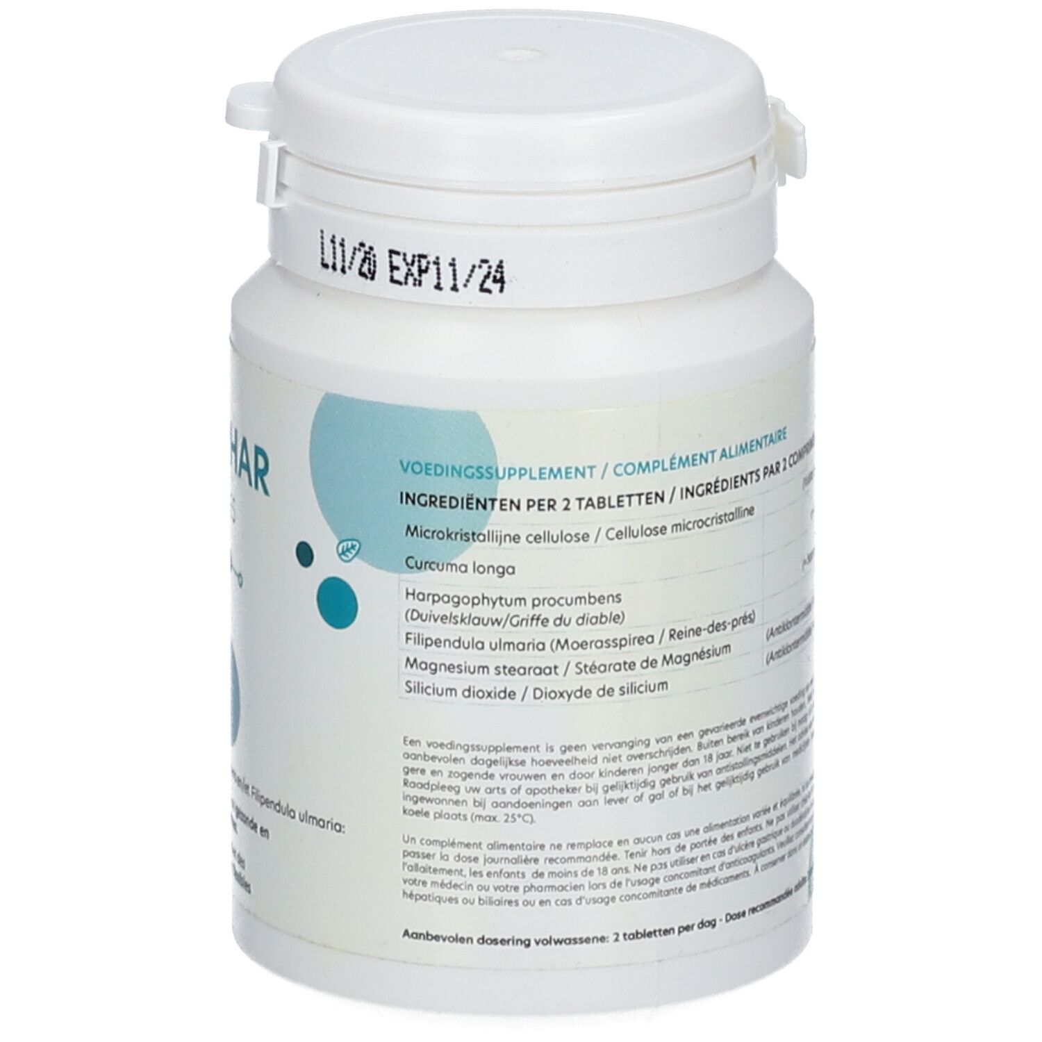Achterkant van een witte tablettenfles. Lijst van ingrediënten per 2 tabletten. Tekst: Curcuma longa, Harpagophytum.