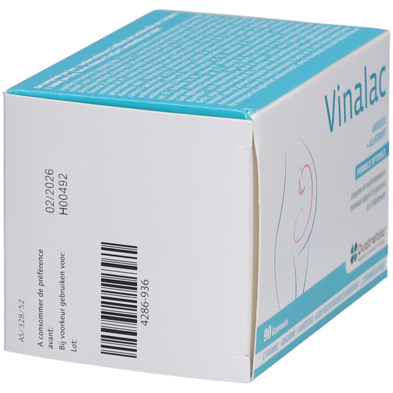 Zijaanzicht van de doos met barcode en vervaldatum. Bevat 90 tabletten.