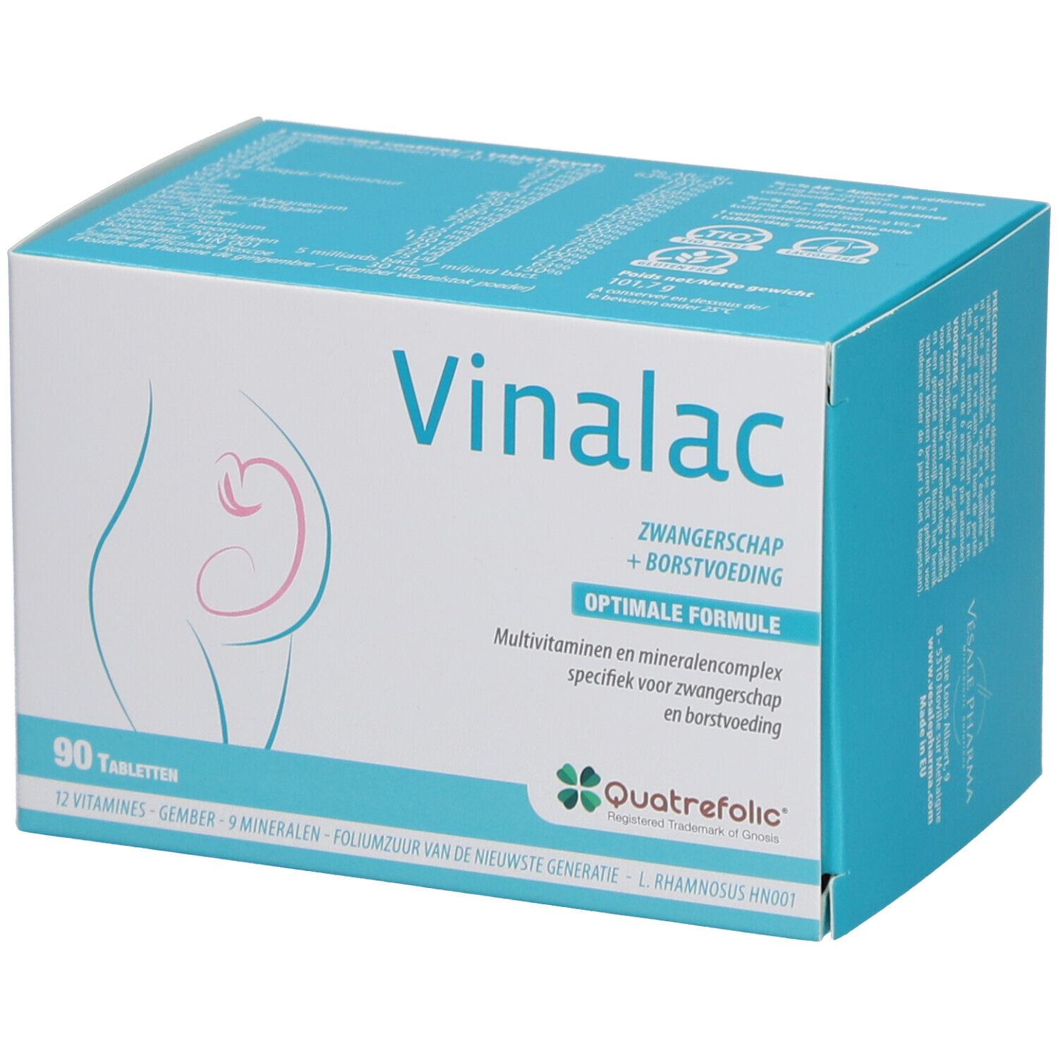Doosje met productnaam en illustratie van een zwangere vrouw. Bevat 90 tabletten.