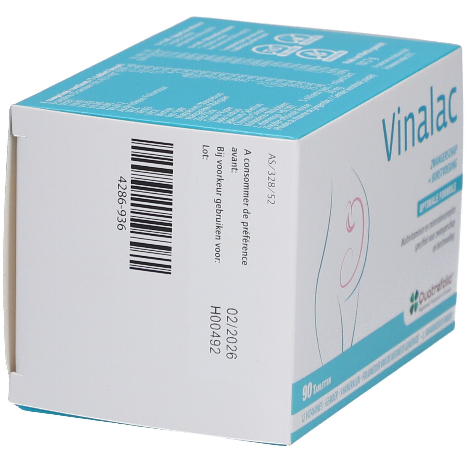 Zijaanzicht van de doos met barcode en vervaldatum. Bevat 90 tabletten.