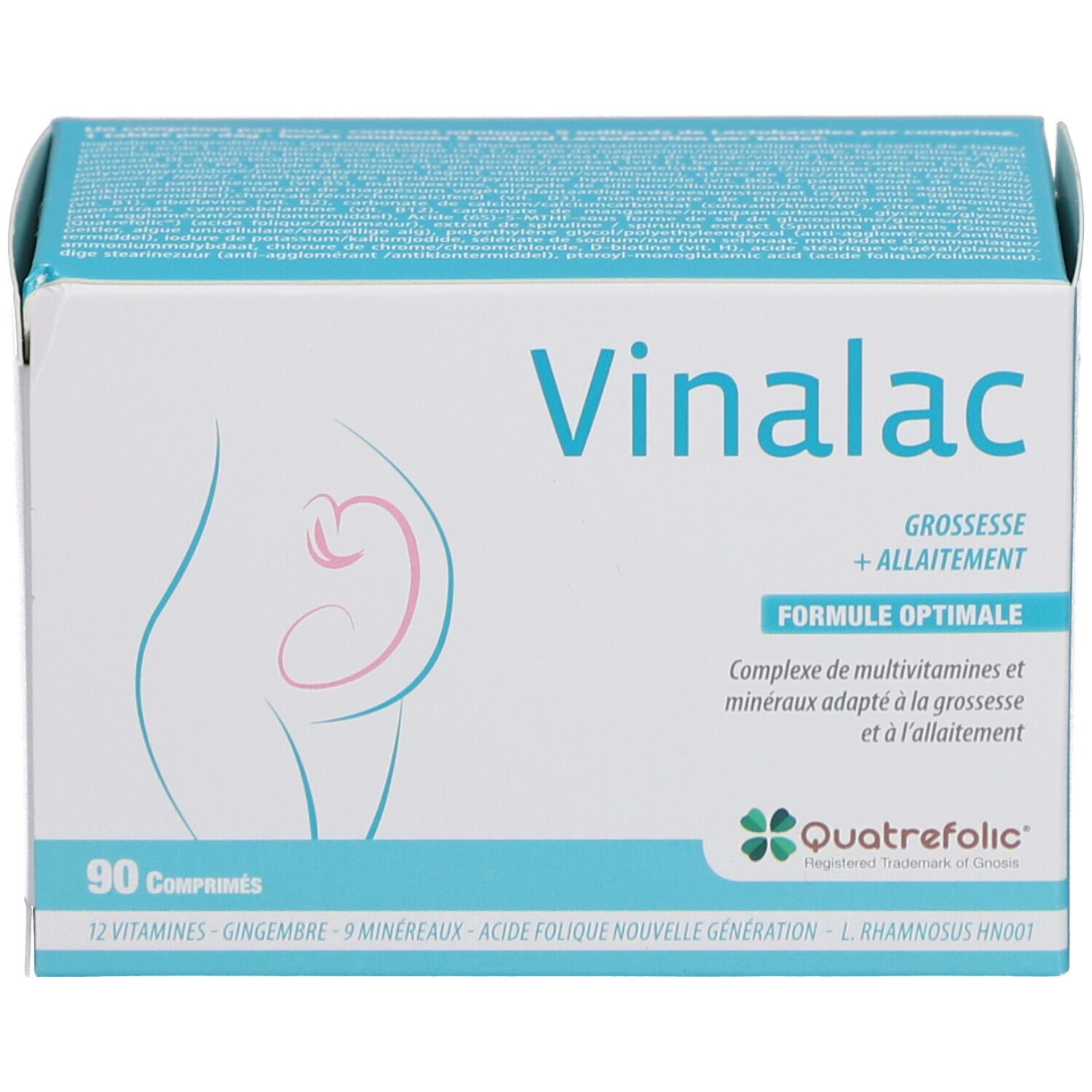 Doosje met productnaam en illustratie van een zwangere vrouw. Bevat 90 tabletten.