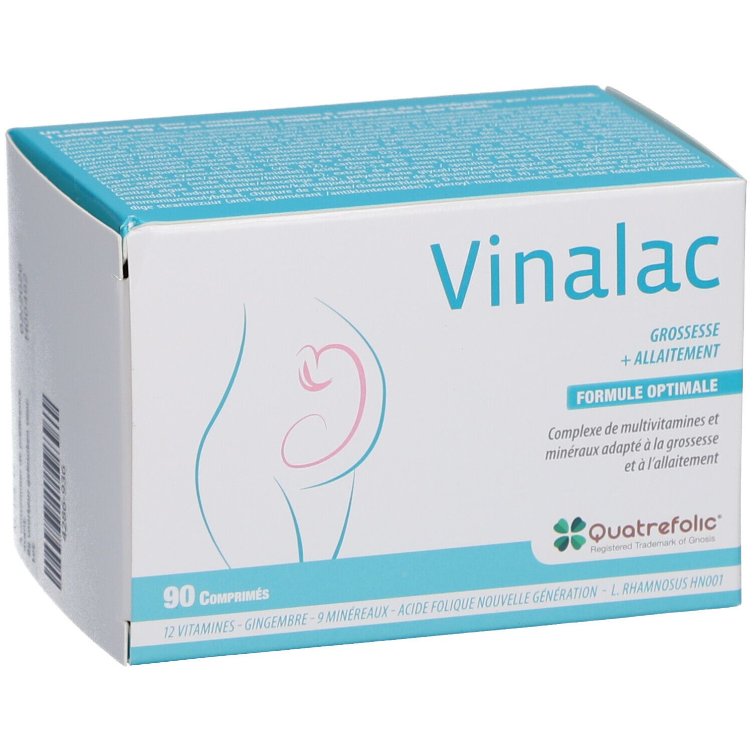 Doosje met productnaam en illustratie van een zwangere vrouw. Bevat 90 tabletten.