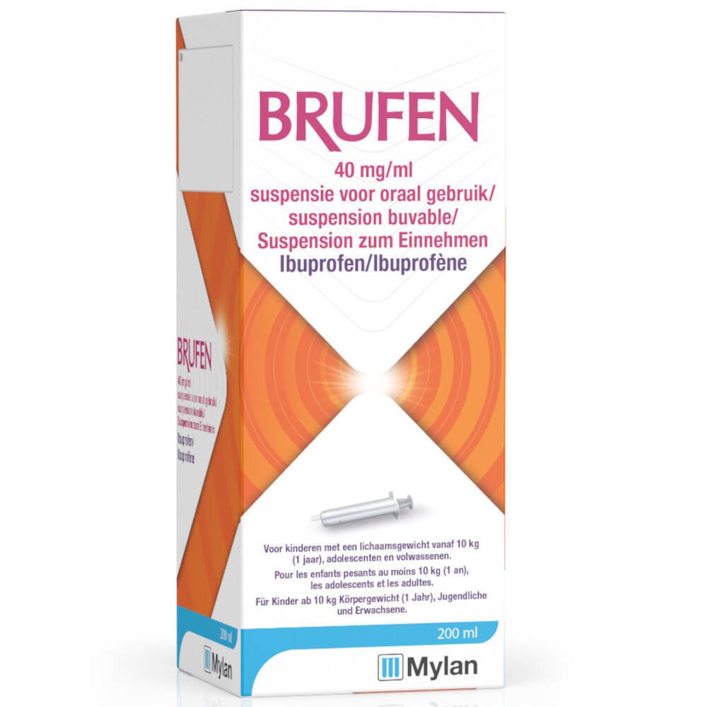 Verpakking van Brufen 40 mg/ml. Opschrift: Brufen, 40 mg/ml, suspensie voor oraal gebruik. Met doseerspuit.