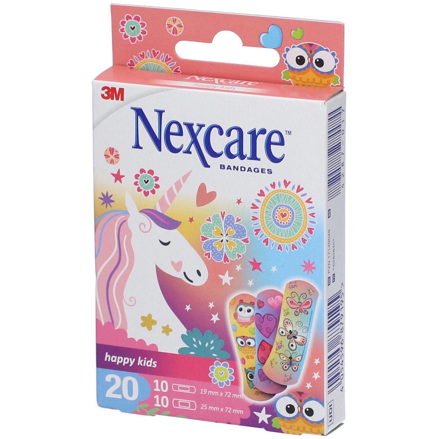 Nexcare happy kids Pflasterverpackung. Enthält 20 Pflaster, 10x19mm und 10x25mm. Mit Einhorn-Motiv.