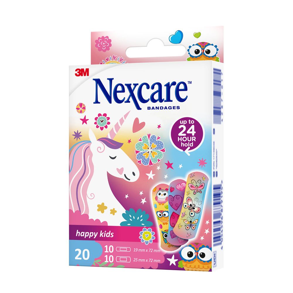 Verpackung mit 20 Pflastern. Nexcare happy kids, Einhorn-Design. 10 Pflaster 19x72mm, 10 Pflaster 25x72mm.