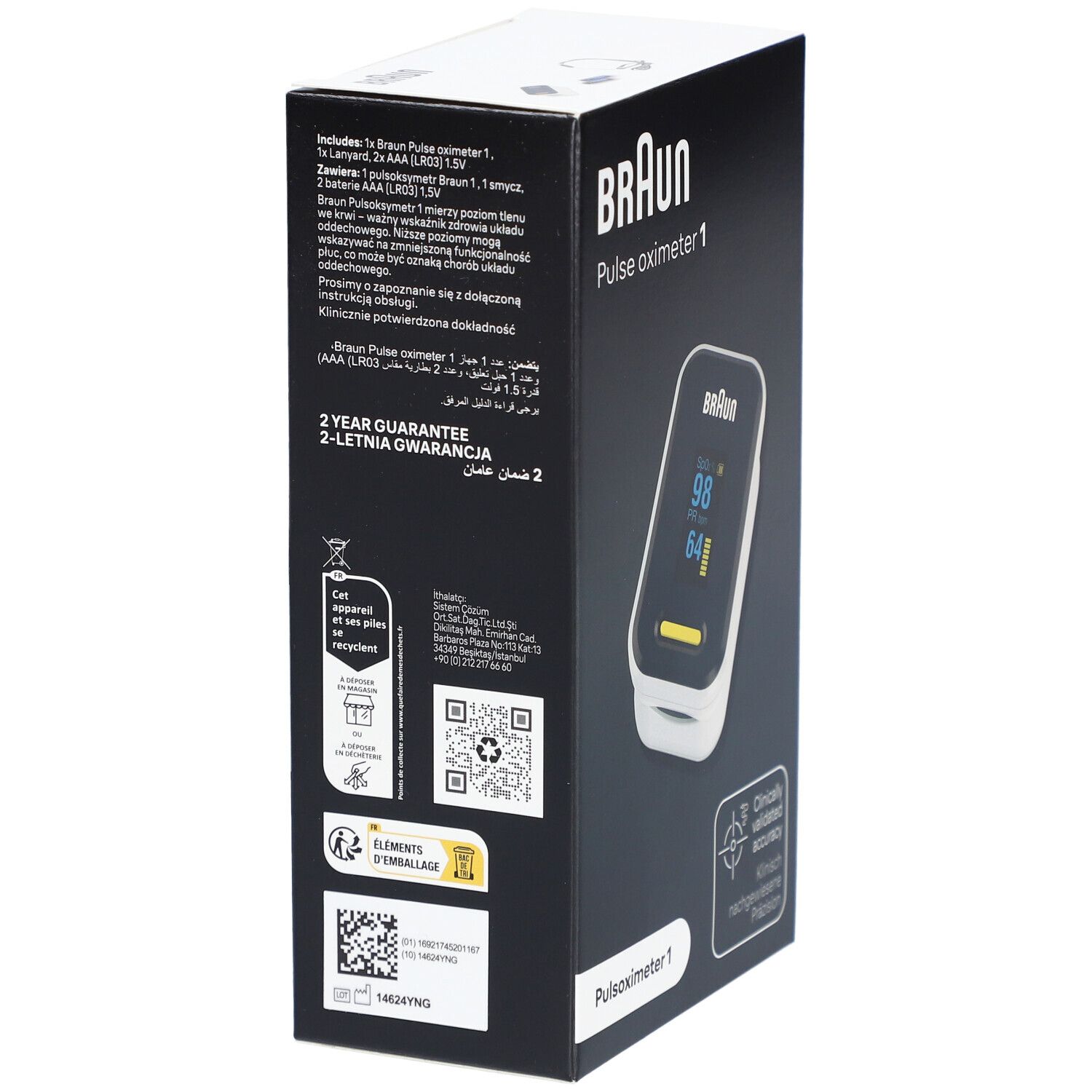 Achterkant van de BRAUN Pulsoximeter 1 verpakking. Tekst in meerdere talen. 2 jaar garantie. QR-code en recyclingsymbolen.