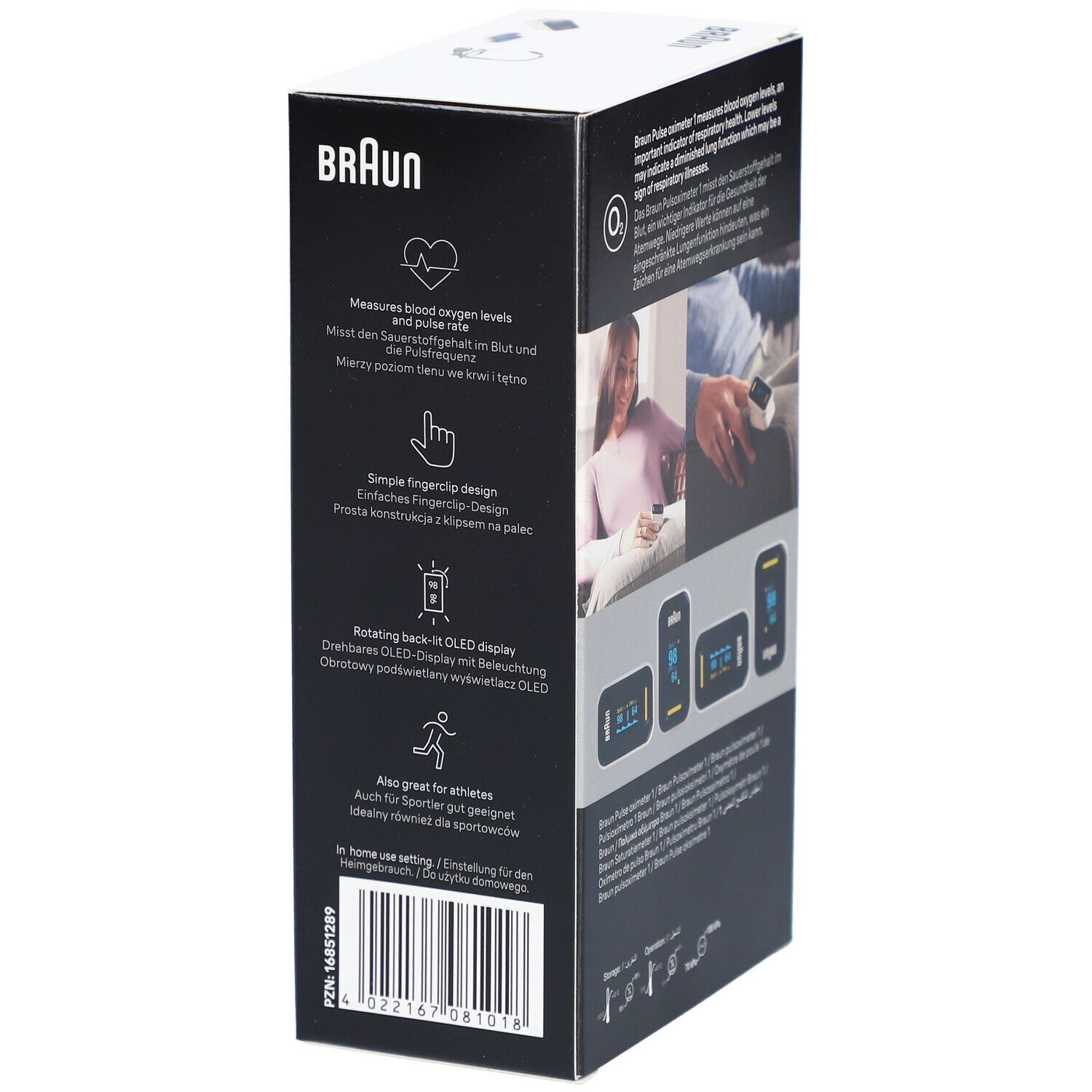 Zijkant van de BRAUN Pulsoximeter 1 verpakking. Productkenmerken en gebruiksaanwijzingen. Barcode en tekst.