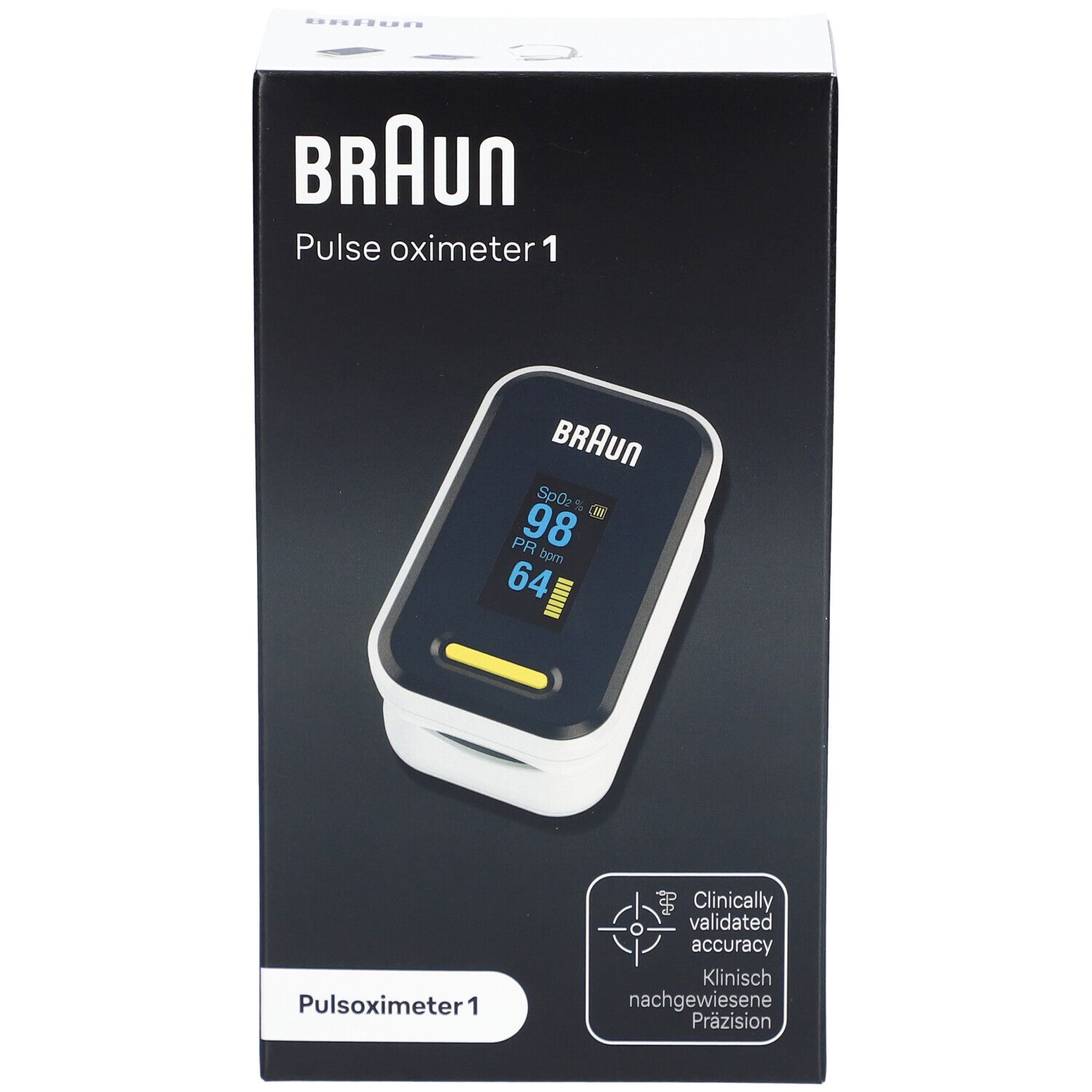 BRAUN Pulsoximeter 1 in verpakking. Zwarte doos met productafbeelding en tekst. Klinisch gevalideerde nauwkeurigheid.