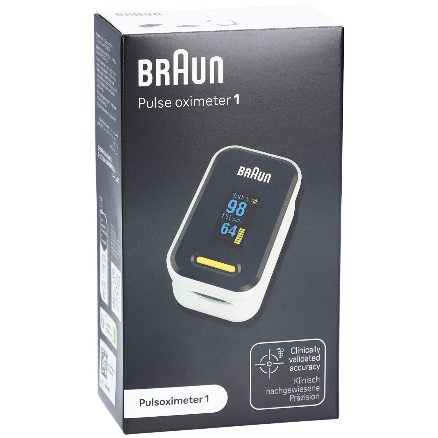 BRAUN Pulsoximeter 1 in verpakking. Zwarte doos met productafbeelding en tekst. Klinisch gevalideerde nauwkeurigheid.