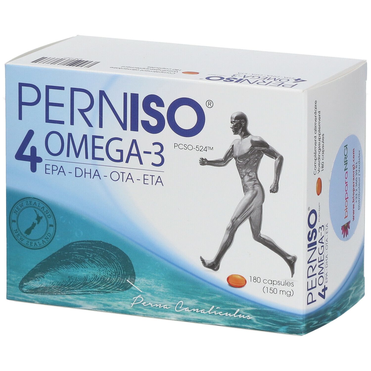 Doos Perniso 4 Omega-3 met 180 capsules. Afbeelding van een rennende man en een mossel. Bevat EPA, DHA, OTA, ETA.