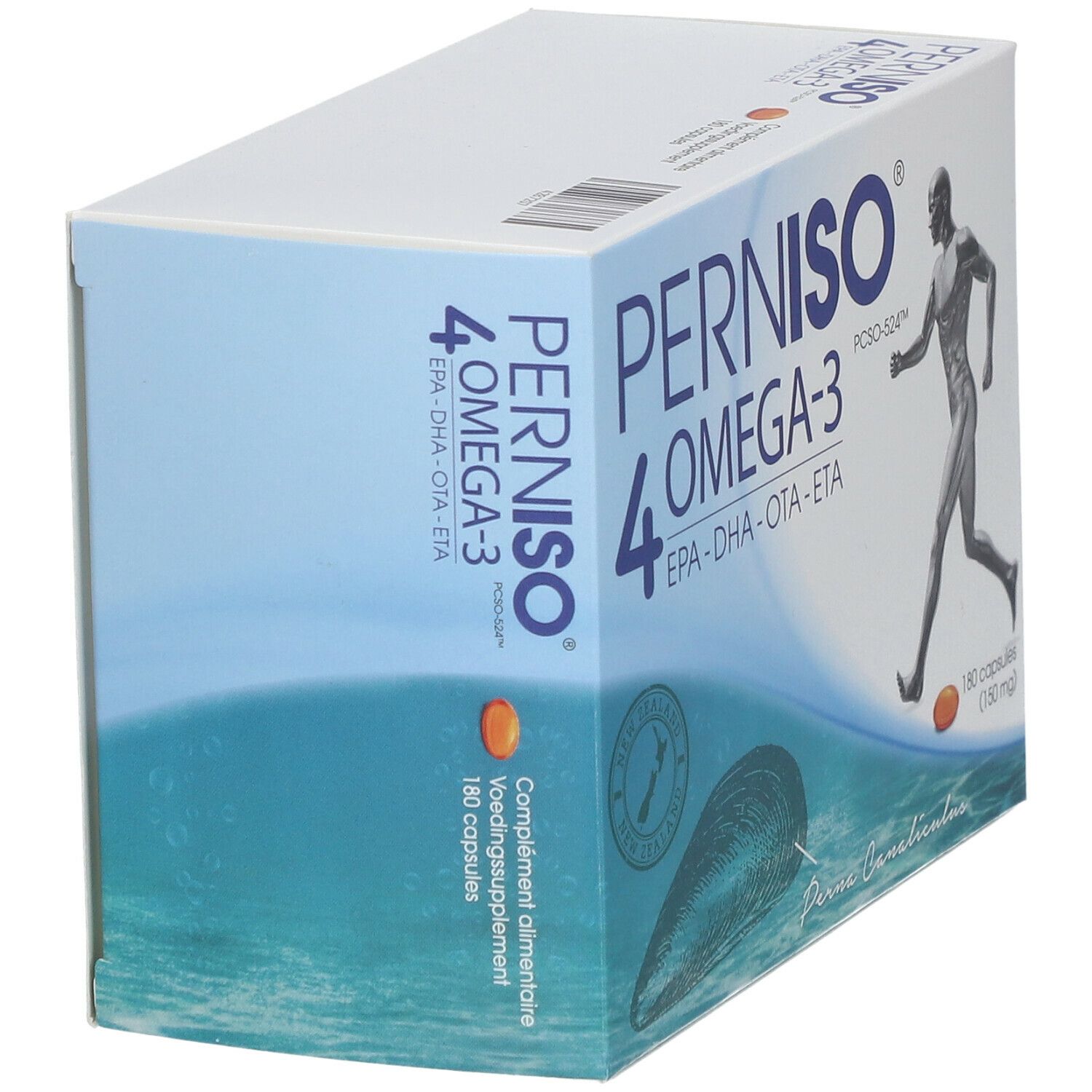 Doos Perniso 4 Omega-3, 180 capsules. Zijaanzicht. Afbeelding van een rennende man en een mossel. Bevat EPA, DHA, OTA, ETA.