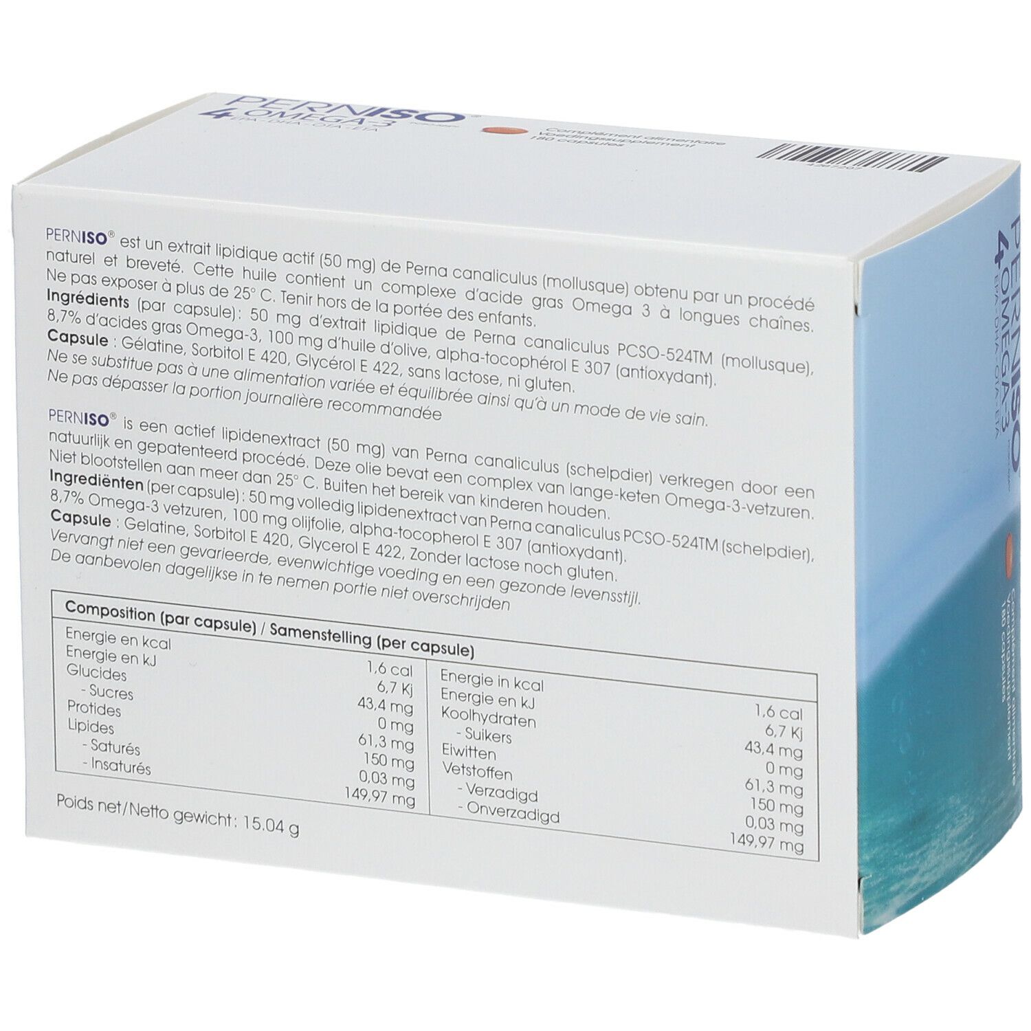 Achterkant van de doos Perniso 4 Omega-3. Tekstinformatie over ingrediënten en voedingswaarde. Bevat 180 capsules.