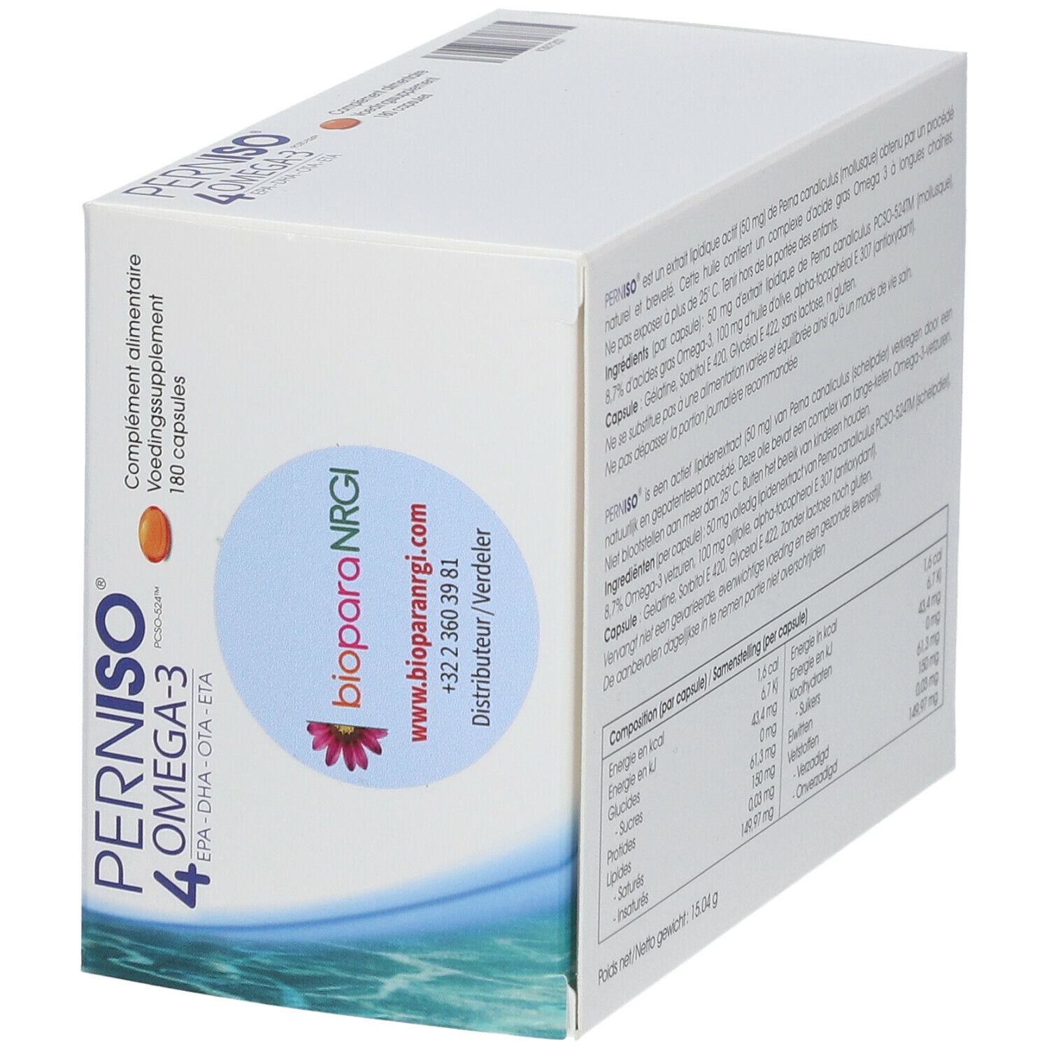 Doos Perniso 4 Omega-3, 180 capsules. Achterkant met contactgegevens en voedingsinformatie. Bevat EPA, DHA, OTA, ETA.