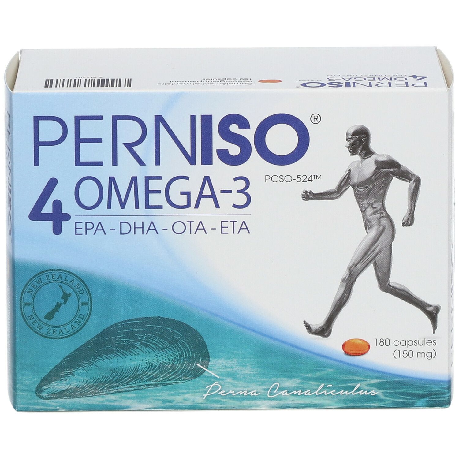 Doos Perniso 4 Omega-3 met 180 capsules. Afbeelding van een rennende man en een mossel. Bevat EPA, DHA, OTA, ETA.