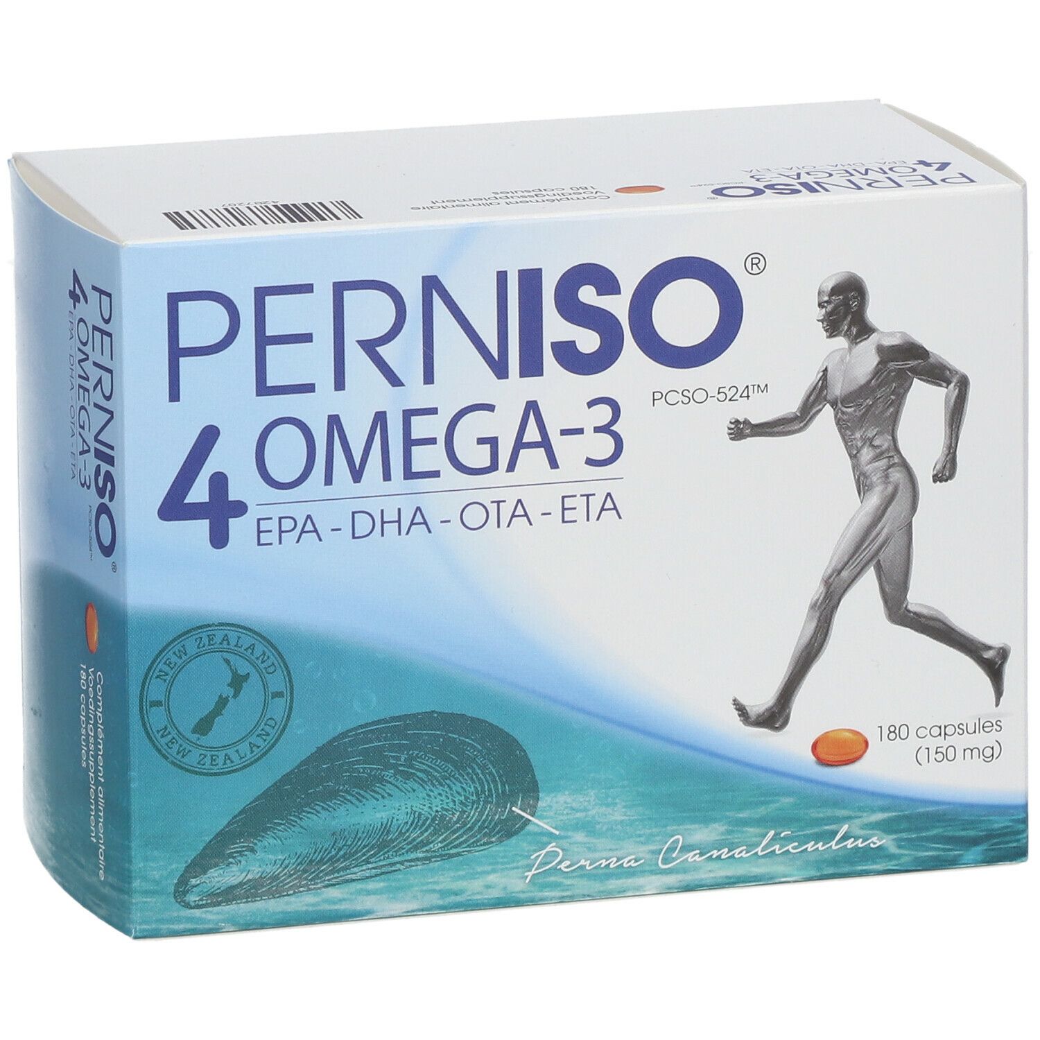 Doos Perniso 4 Omega-3 met 180 capsules. Afbeelding van een rennende man en een mossel. Bevat EPA, DHA, OTA, ETA.