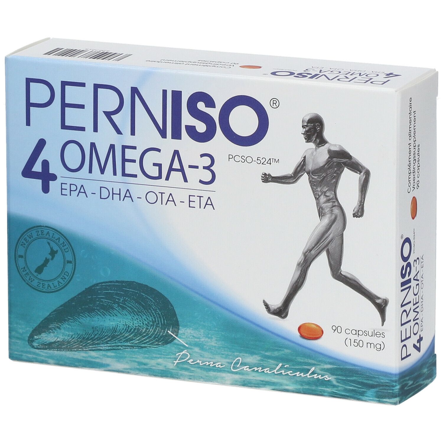 Boîte de PERNISO 4 OMEGA-3. Contient 90 capsules. Illustration d'un coureur et d'une moule. Texte : EPA-DHA-OTA-ETA.