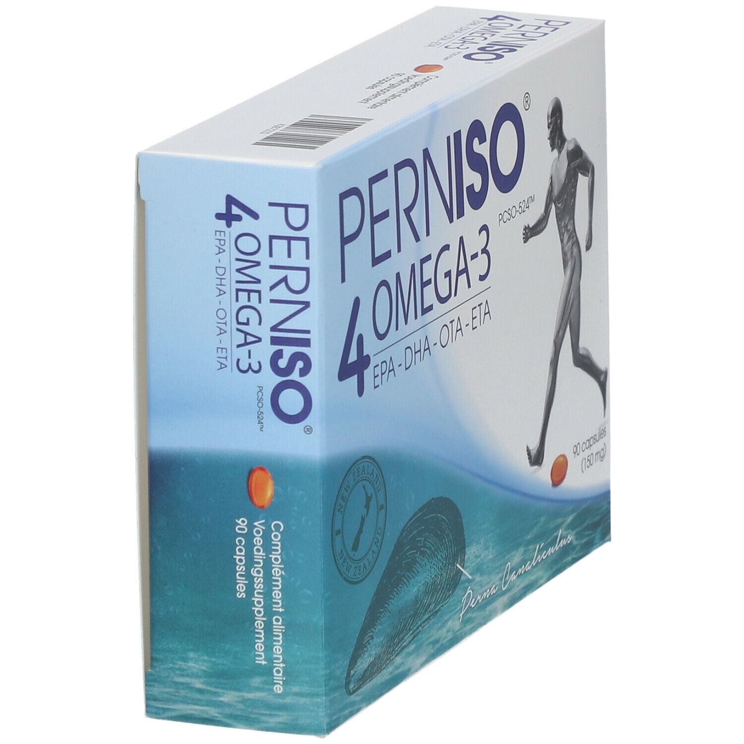 Boîte PERNISO 4 OMEGA-3, en biais. Contient 90 capsules. Illustration d'un coureur et d'une moule. Texte : EPA-DHA-OTA-ETA.