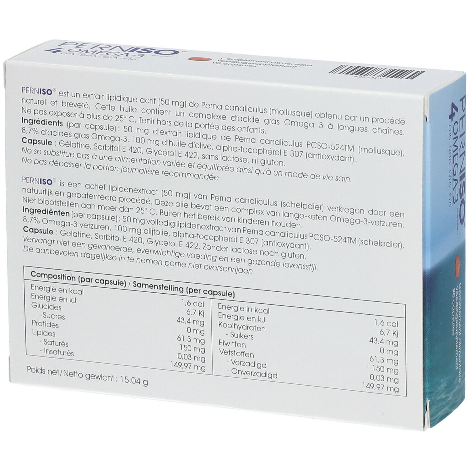 Dos de la boîte PERNISO 4 OMEGA-3. Contient des informations sur les ingrédients et les valeurs nutritionnelles. Texte en allemand et néerlandais.