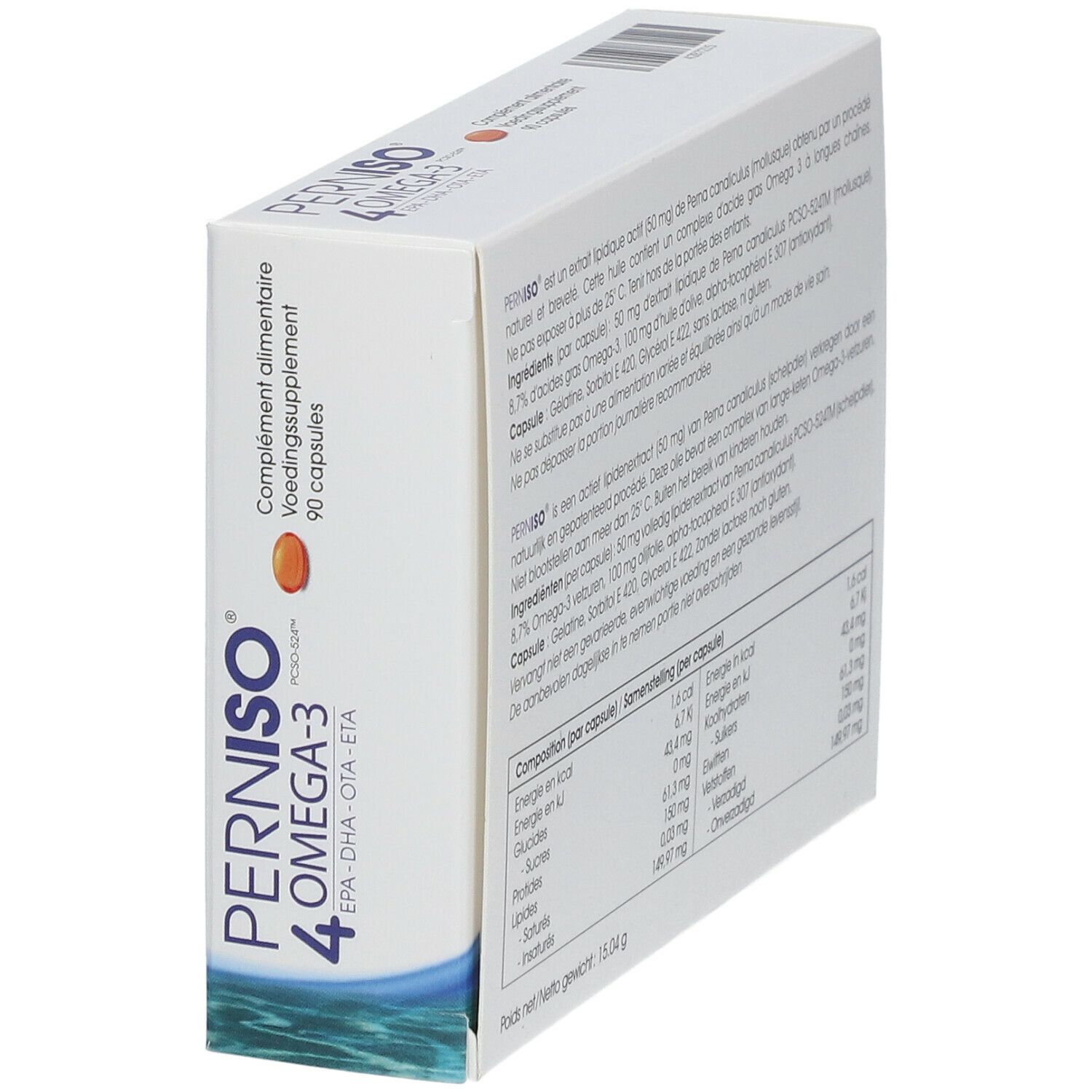 Boîte PERNISO 4 OMEGA-3, en biais. Contient des informations sur les ingrédients et les valeurs nutritionnelles. Texte en allemand et néerlandais.