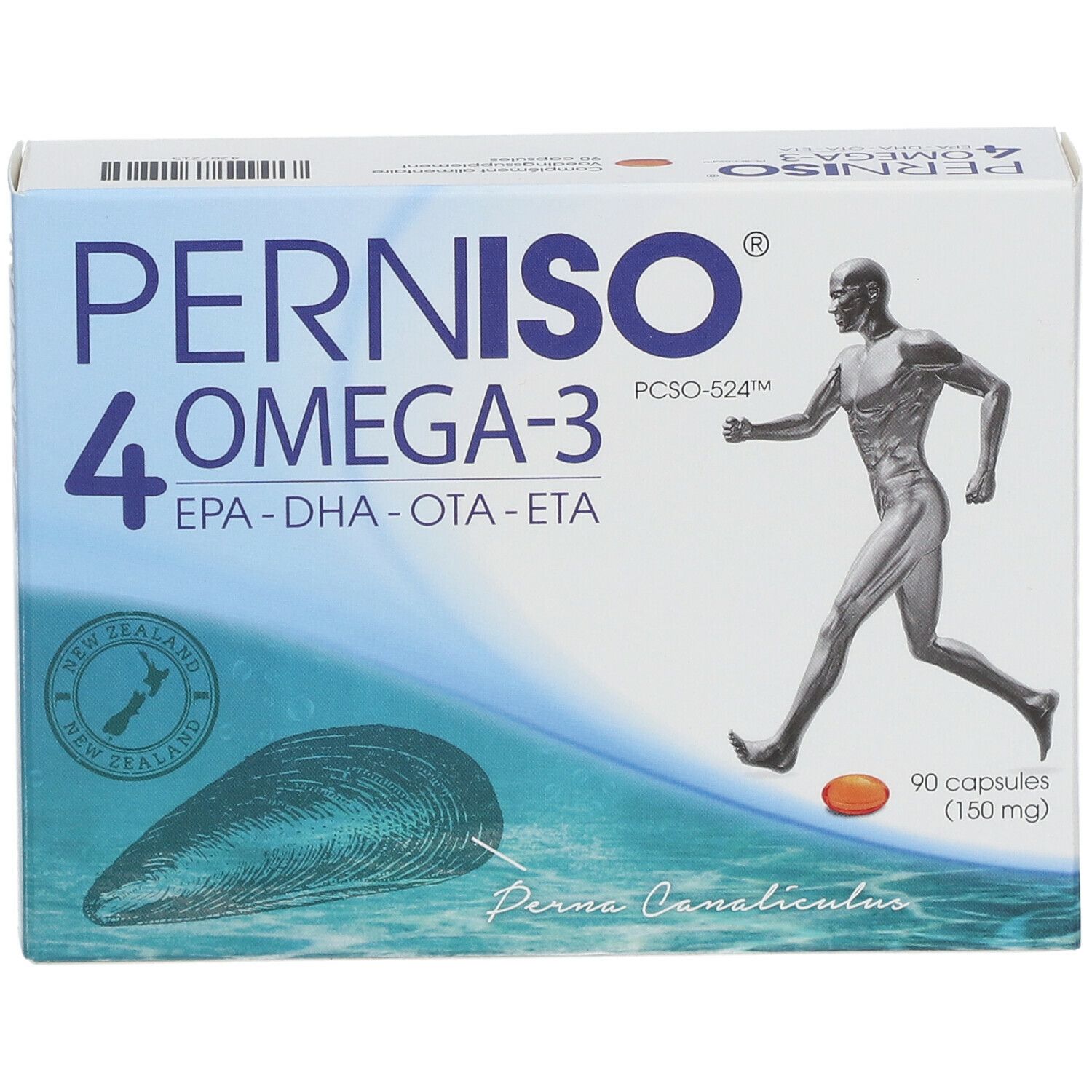 Boîte de PERNISO 4 OMEGA-3. Contient 90 capsules. Illustration d'un coureur et d'une moule. Texte : EPA-DHA-OTA-ETA.