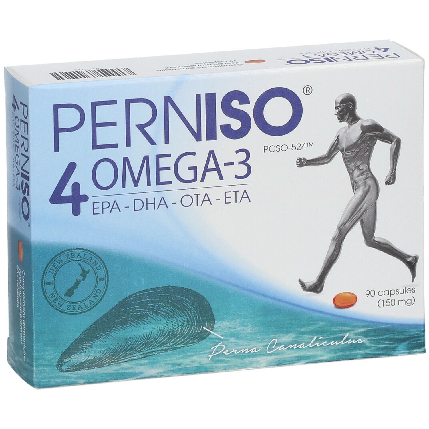 Boîte de PERNISO 4 OMEGA-3. Contient 90 capsules. Illustration d'un coureur et d'une moule. Texte : EPA-DHA-OTA-ETA.