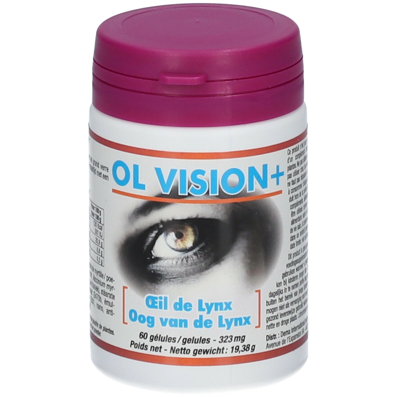 Witte pilfles met paarse deksel. Opschrift OL VISION+ en oogafbeelding. Tekst in het Frans en Nederlands.