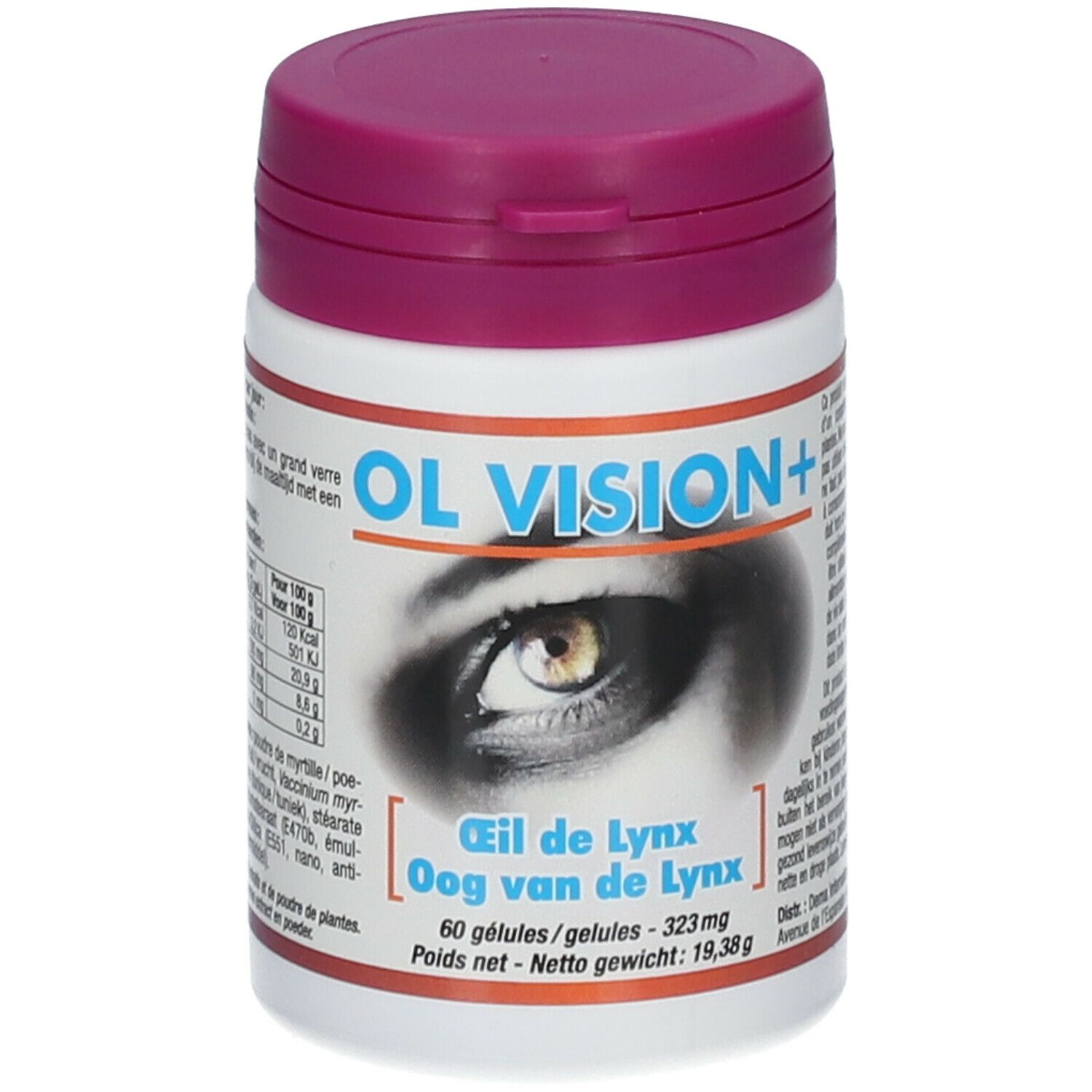 Witte pilfles met paarse deksel. Opschrift OL VISION+ en oogafbeelding. Tekst in het Frans en Nederlands.