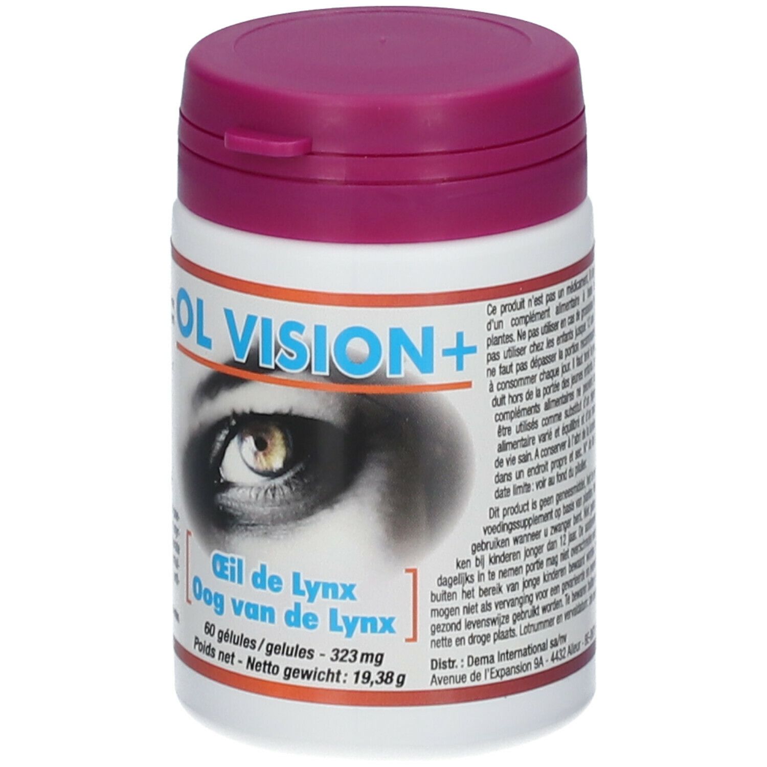 Witte pilfles met paarse deksel. Opschrift OL VISION+ en oogafbeelding. Tekst in het Frans en Nederlands.