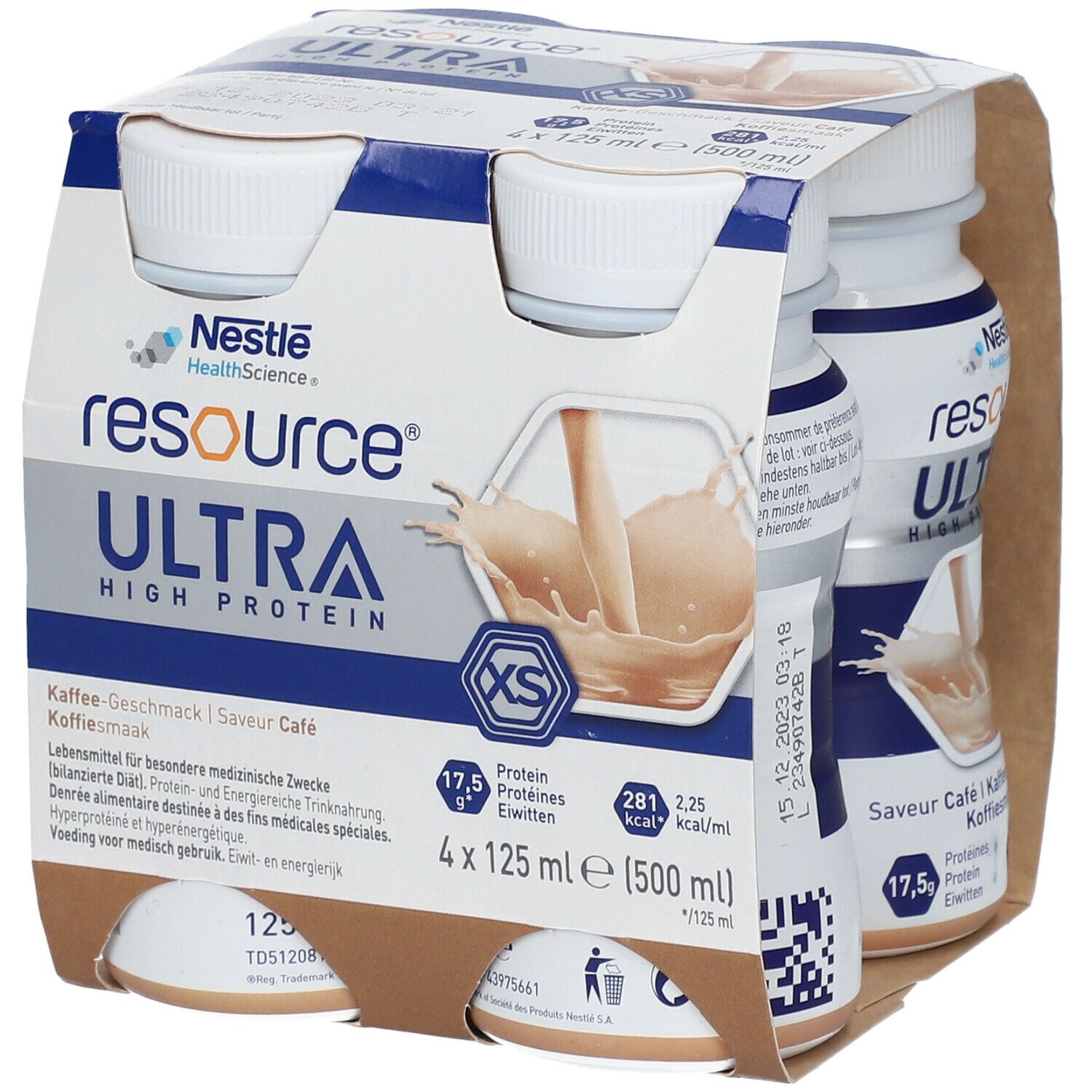 Emballage de 4 bouteilles Resource Ultra High Protein, goût café. Chaque bouteille contient 125 ml.