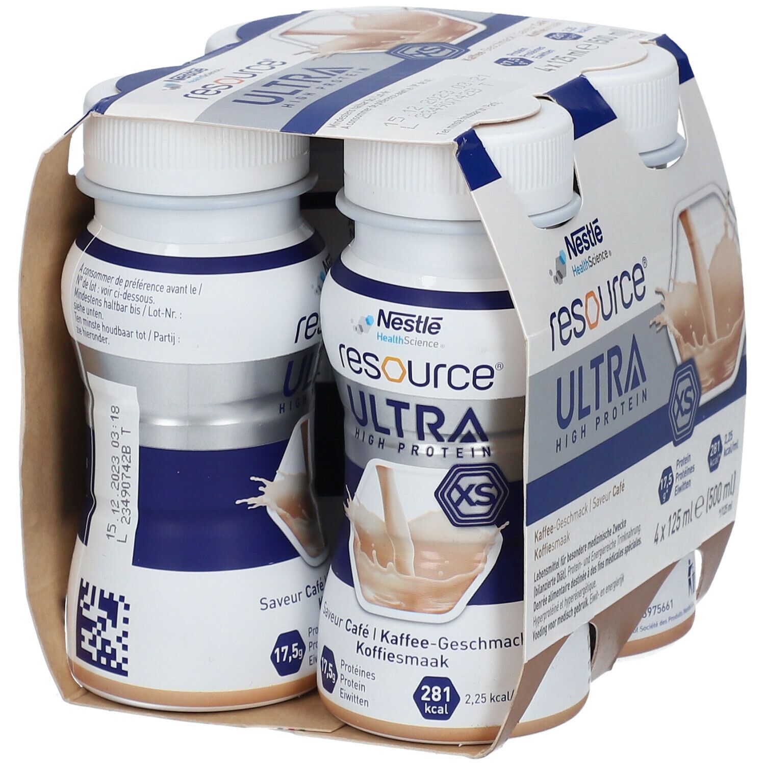 Emballage de 4 bouteilles Resource Ultra High Protein, goût café. Chaque bouteille contient 125 ml.
