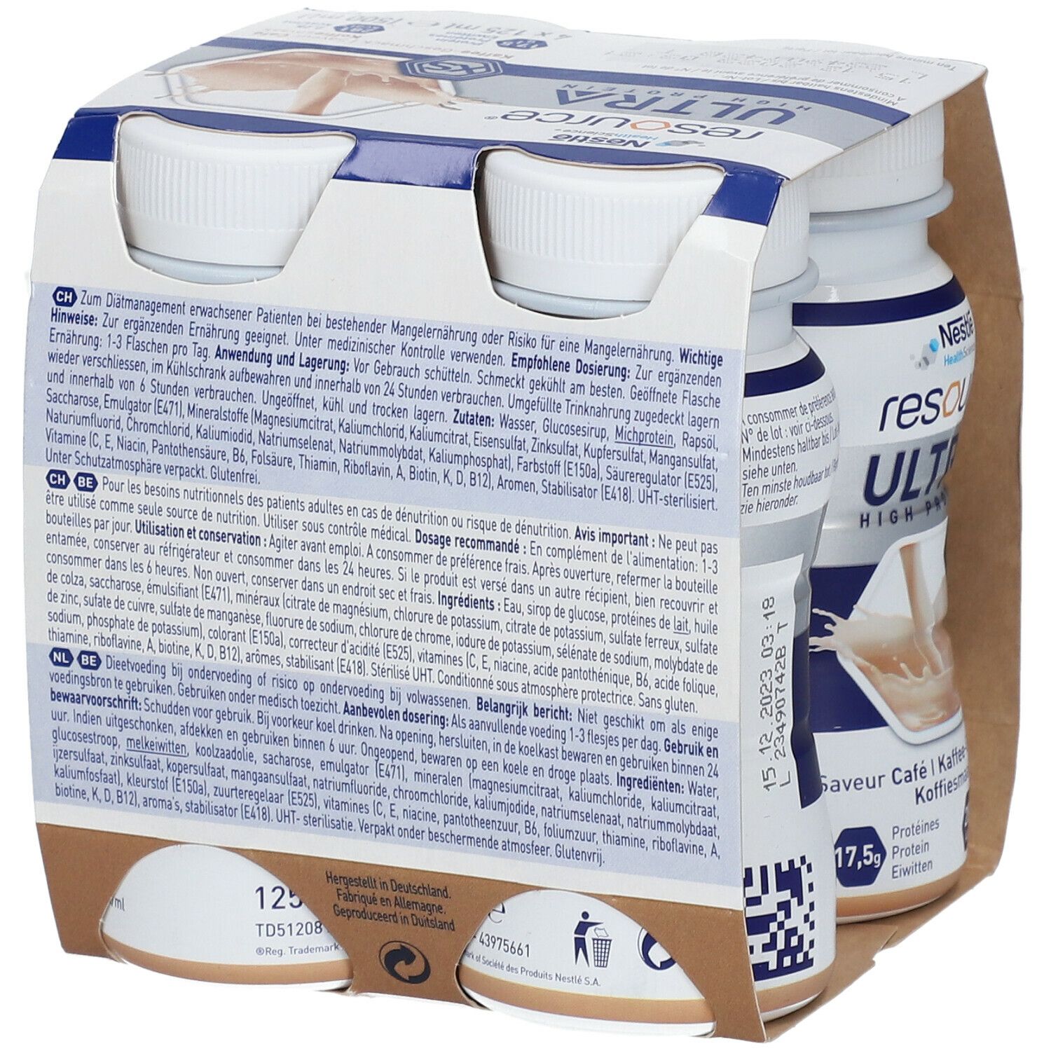 Emballage de 4 bouteilles Resource Ultra High Protein, goût café. Chaque bouteille contient 125 ml. Texte au dos.
