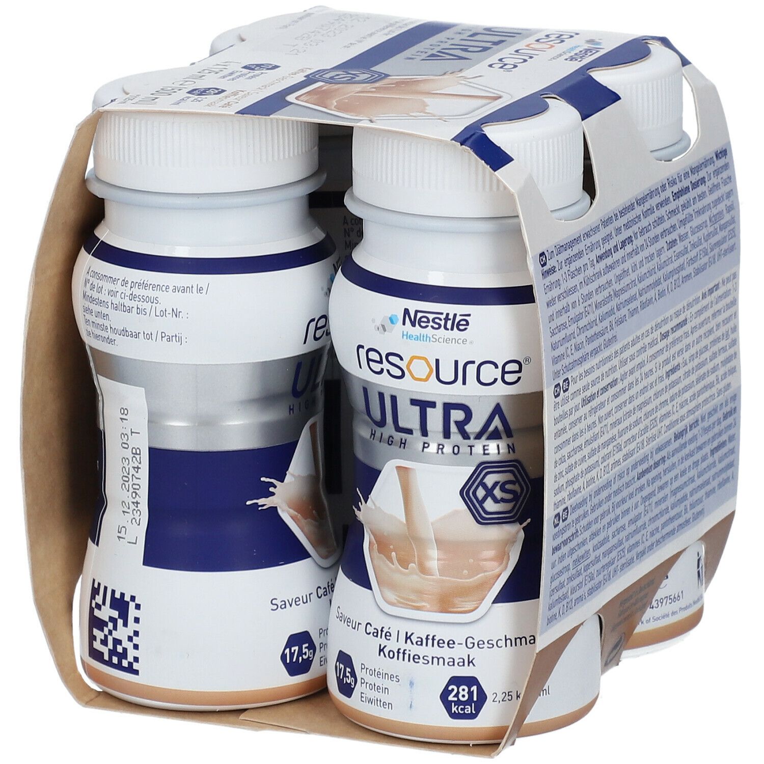 Emballage de 4 bouteilles Resource Ultra High Protein, goût café. Chaque bouteille contient 125 ml.