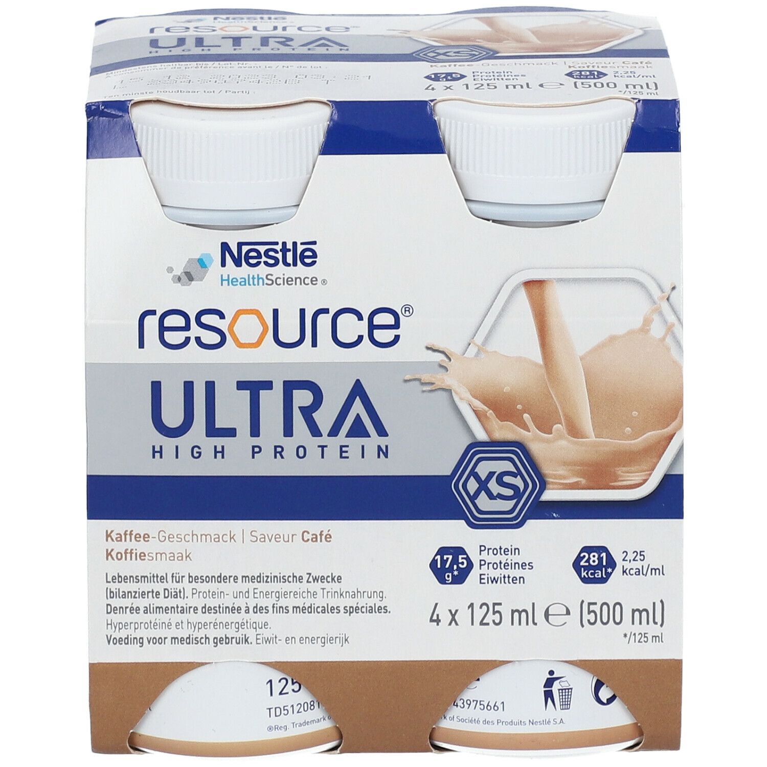 Emballage de 4 bouteilles Resource Ultra High Protein, goût café. Chaque bouteille contient 125 ml.