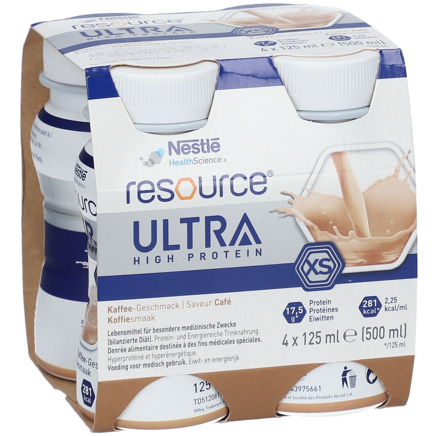 Emballage de 4 bouteilles Resource Ultra High Protein, goût café. Chaque bouteille contient 125 ml.