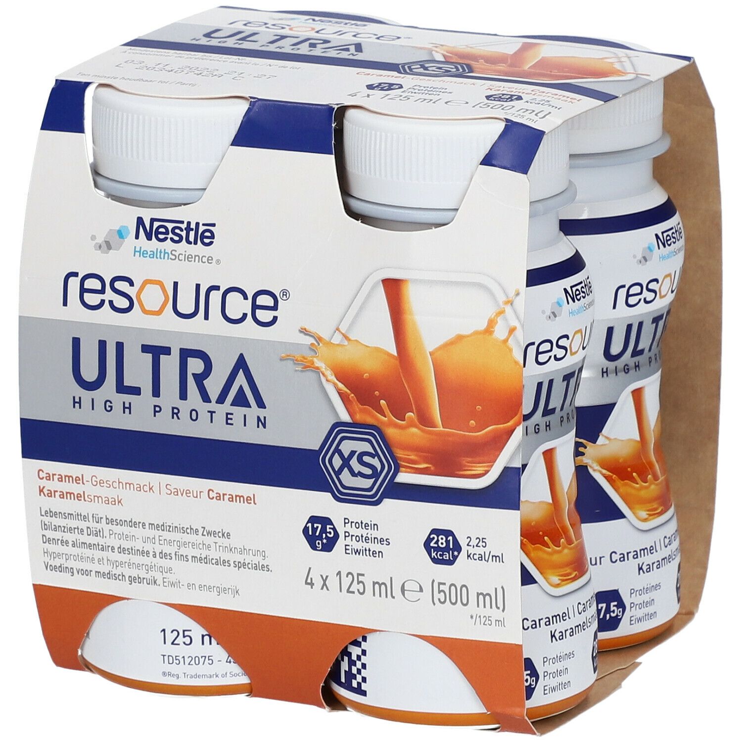 Vier flessen in kartonnen verpakking. Opschrift: Resource Ultra High Protein, karamelsmaak. Bevat 17,5 g eiwit, 281 kcal.