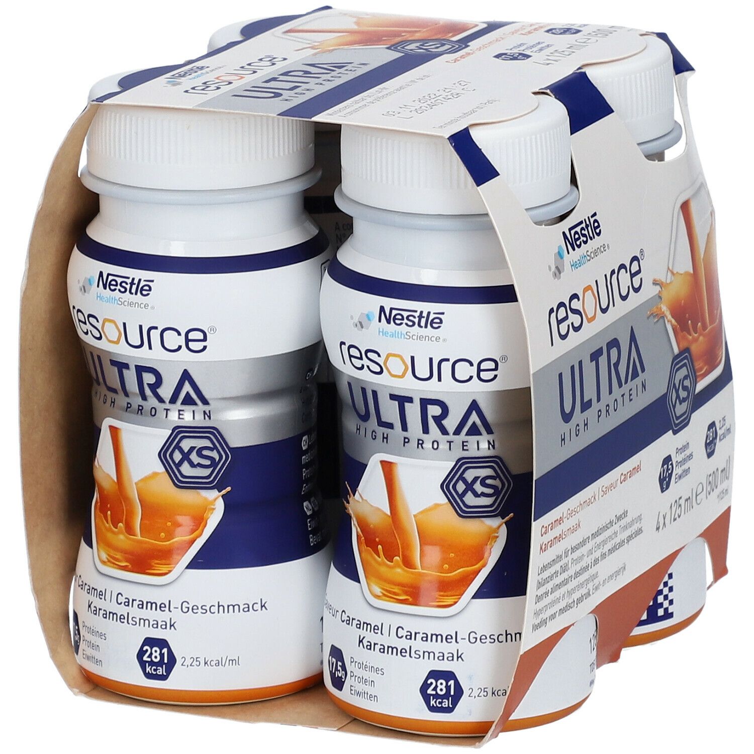 Vier flessen in kartonnen verpakking. Opschrift: Resource Ultra High Protein, karamelsmaak. Bevat 17,5 g eiwit, 281 kcal.