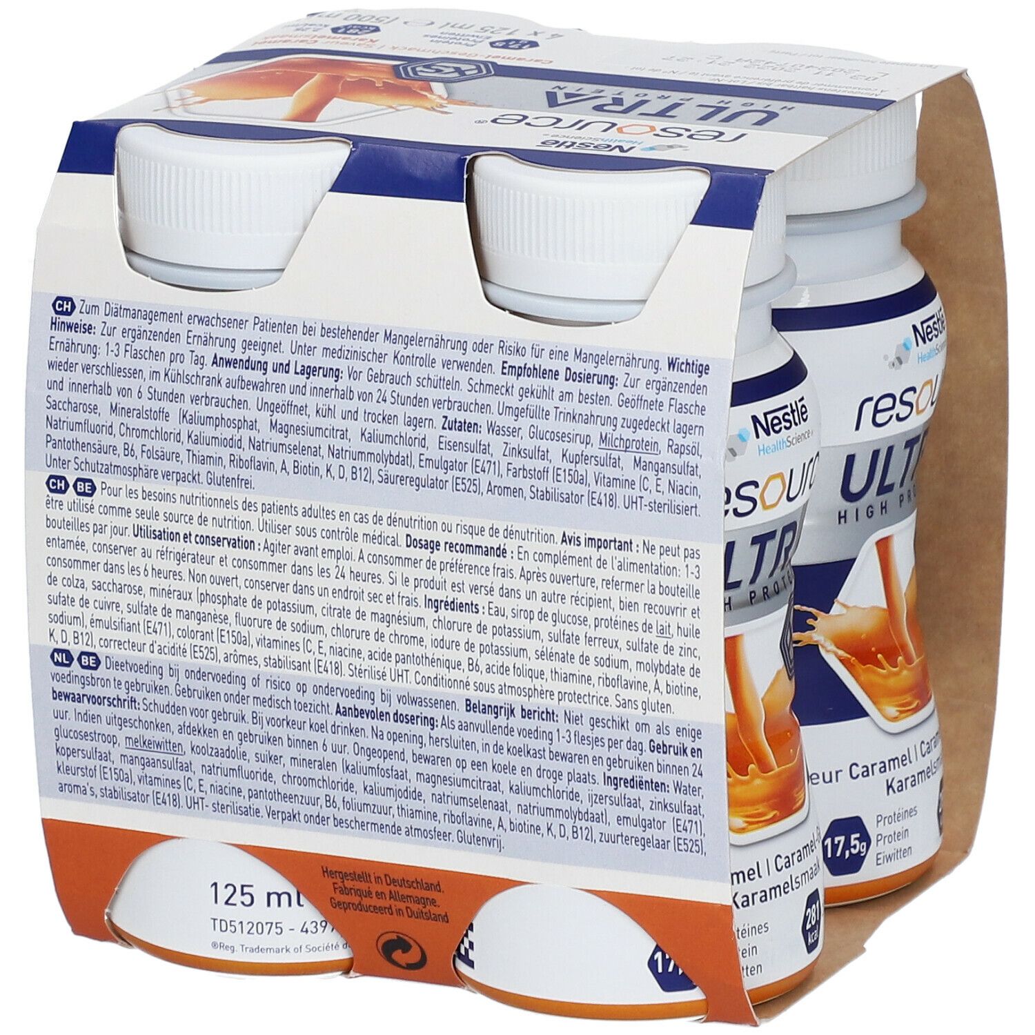 Vier flessen in kartonnen verpakking. Opschrift: Resource Ultra High Protein, karamelsmaak. Bevat 17,5 g eiwit, 281 kcal.