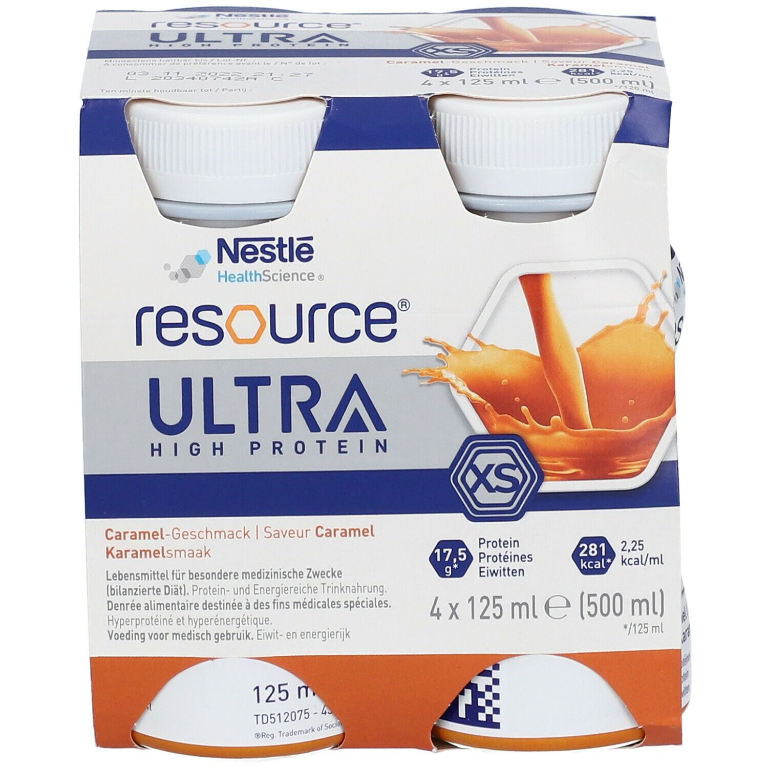 Vier flessen in kartonnen verpakking. Opschrift: Resource Ultra High Protein, karamelsmaak. Bevat 17,5 g eiwit, 281 kcal.