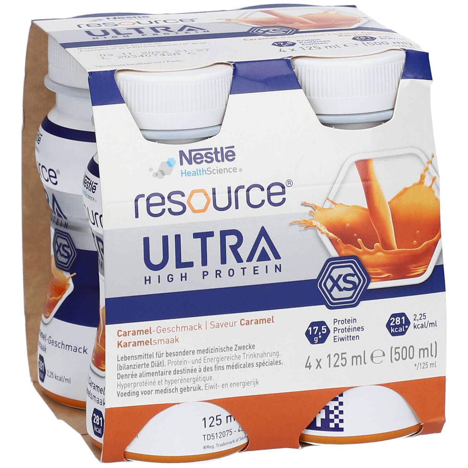 Vier flessen in kartonnen verpakking. Opschrift: Resource Ultra High Protein, karamelsmaak. Bevat 17,5 g eiwit, 281 kcal.